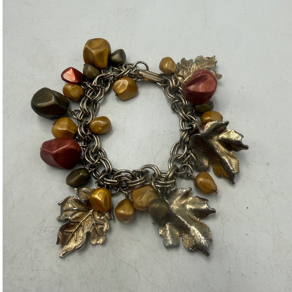 Vintage Autumn Leaf Charm Bracelet Earth Tone Beads Silver Tone Fall Jewelry